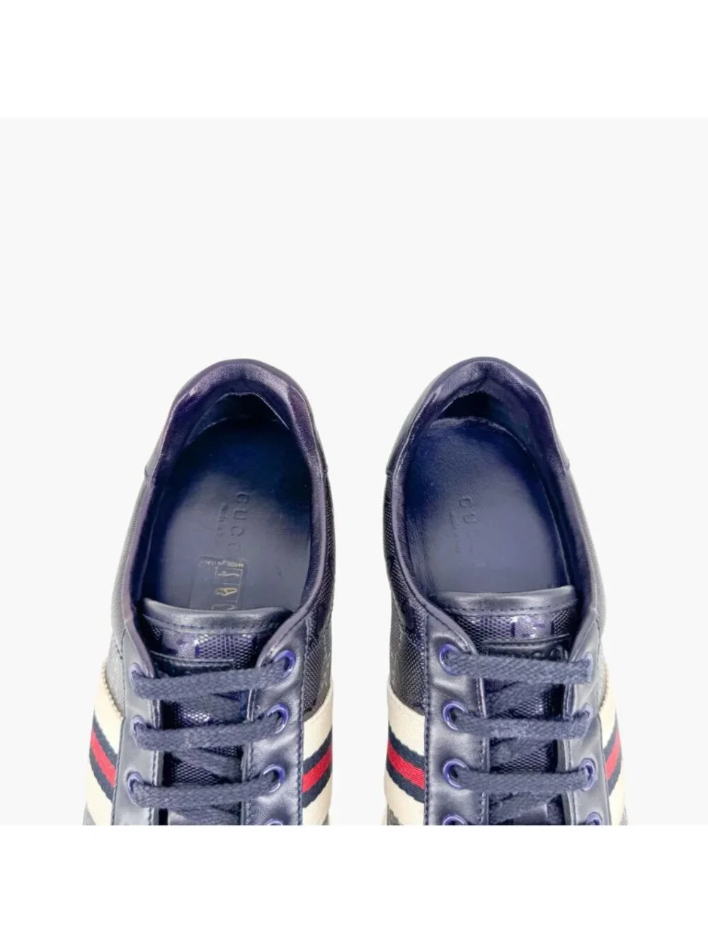 Gucci Low Top Sneakers EU 37 US 7 Navy Blue GG Monogram Impreme Logo Ace Shoe